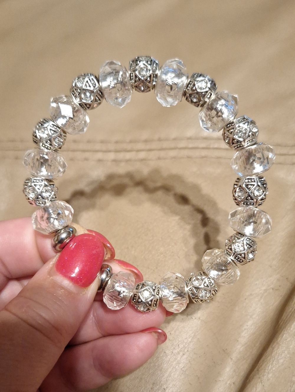 Clear Glass and Silver Filigree Strl Bracelet - Unbranded